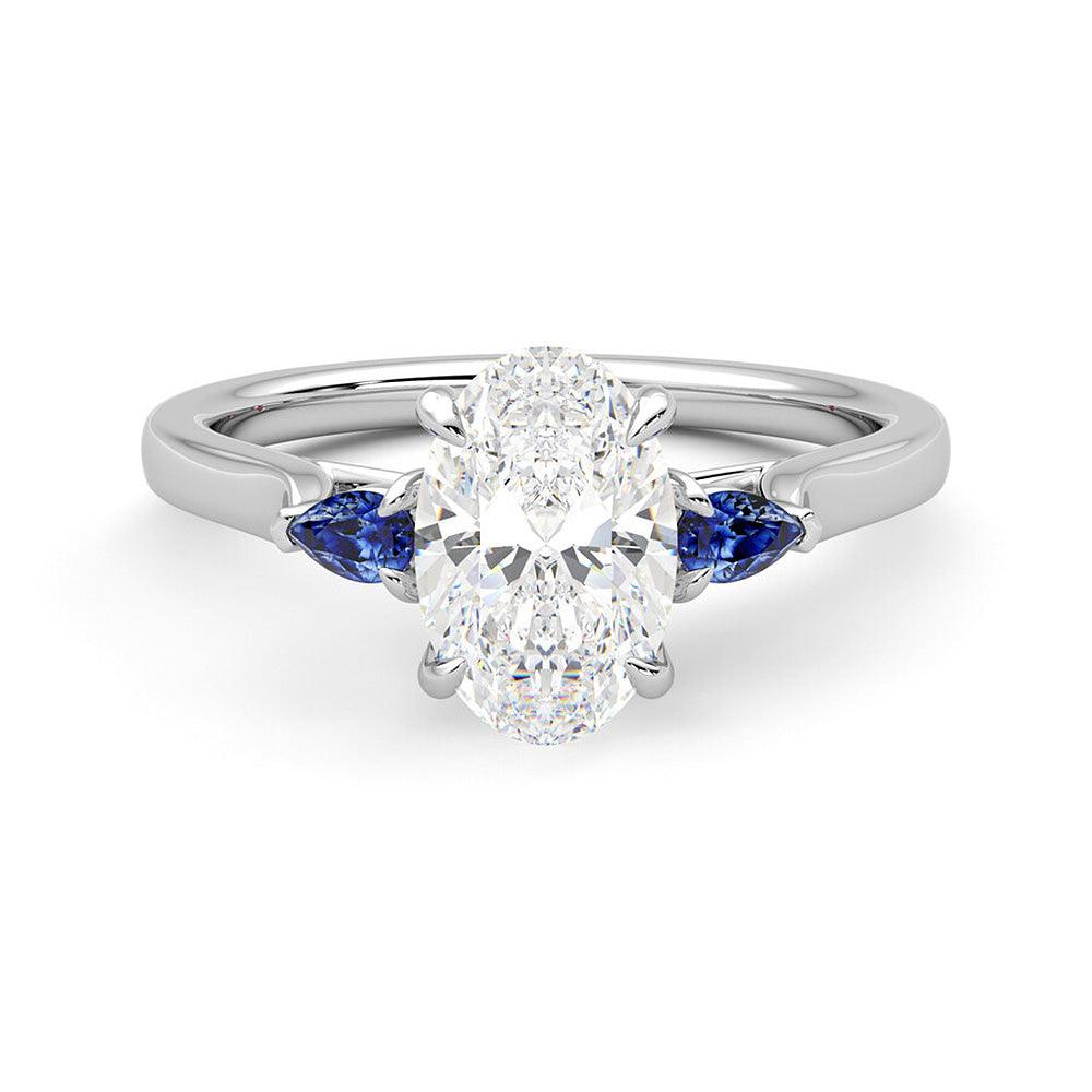 Three Stone Oval Cut Moissanite and Sapphire Engagement Ring with Hidden Anniversary Stone Accent - MSBLUE Jewelry