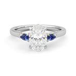 Three Stone Oval Cut Moissanite and Sapphire Engagement Ring with Hidden Anniversary Stone Accent - MSBLUE Jewelry