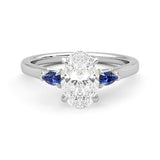 Three Stone Oval Cut Moissanite and Sapphire Engagement Ring with Hidden Anniversary Stone Accent - MSBLUE Jewelry