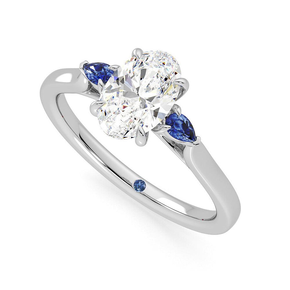 Three Stone Oval Cut Moissanite and Sapphire Engagement Ring with Hidden Anniversary Stone Accent - MSBLUE Jewelry