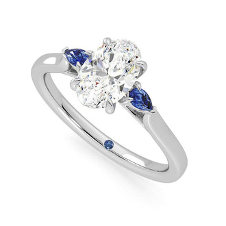 Three Stone Oval Cut Moissanite and Sapphire Engagement Ring with Hidden Anniversary Stone Accent - MSBLUE Jewelry