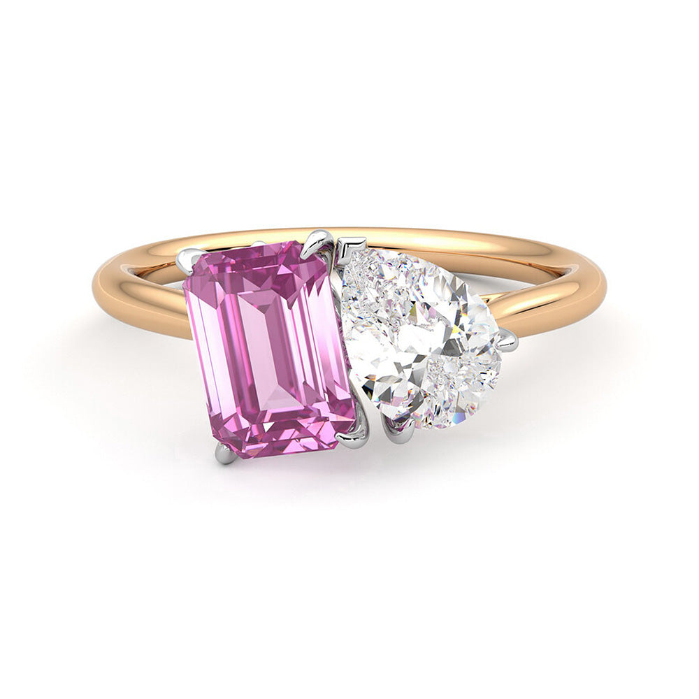 Toi et Moi Pear Shaped Moissanite and Emerald Cut Pink Sapphire Engagement Ring