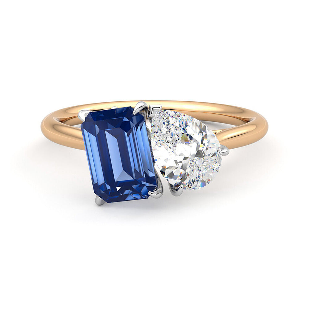 Toi et Moi Pear Shaped Moissanite and Emerald Cut Sapphire Engagement Ring - MSBLUE Jewelry