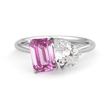 Toi et Moi Pear Shaped Moissanite and Emerald Cut Pink Sapphire Engagement Ring - MSBLUE Jewelry