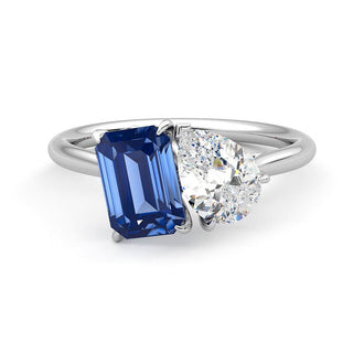 Toi et Moi Pear Shaped Moissanite and Emerald Cut Sapphire Engagement Ring - MSBLUE Jewelry