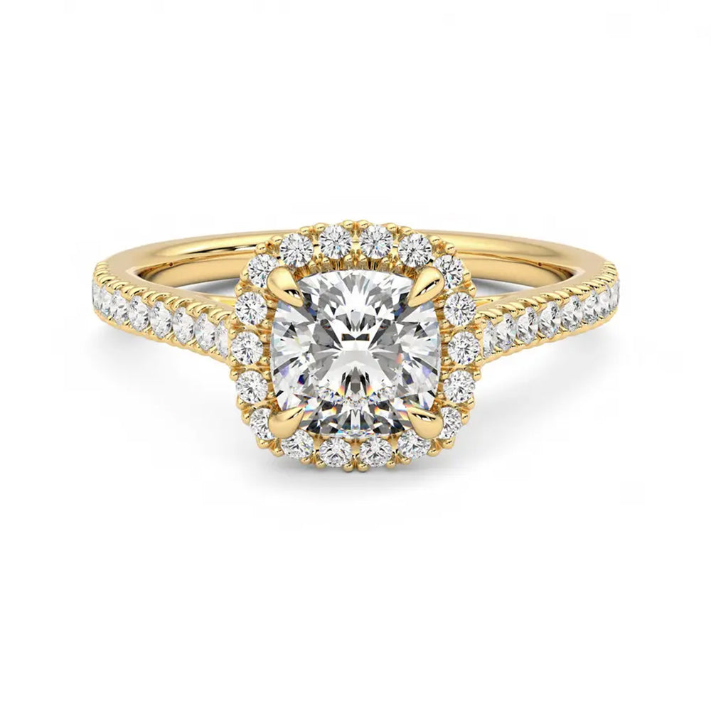 Cushion Cut Halo Moissanite Engagement Ring with Hidden Anniversary Stone Accent