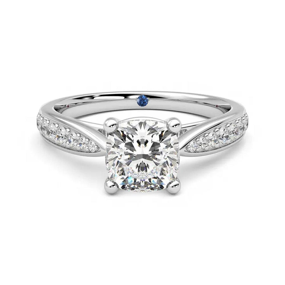 Cushion Cut Moissanite Engagement Ring with Pavé Band and Hidden Anniversary Stone Accent - MSBLUE Jewelry