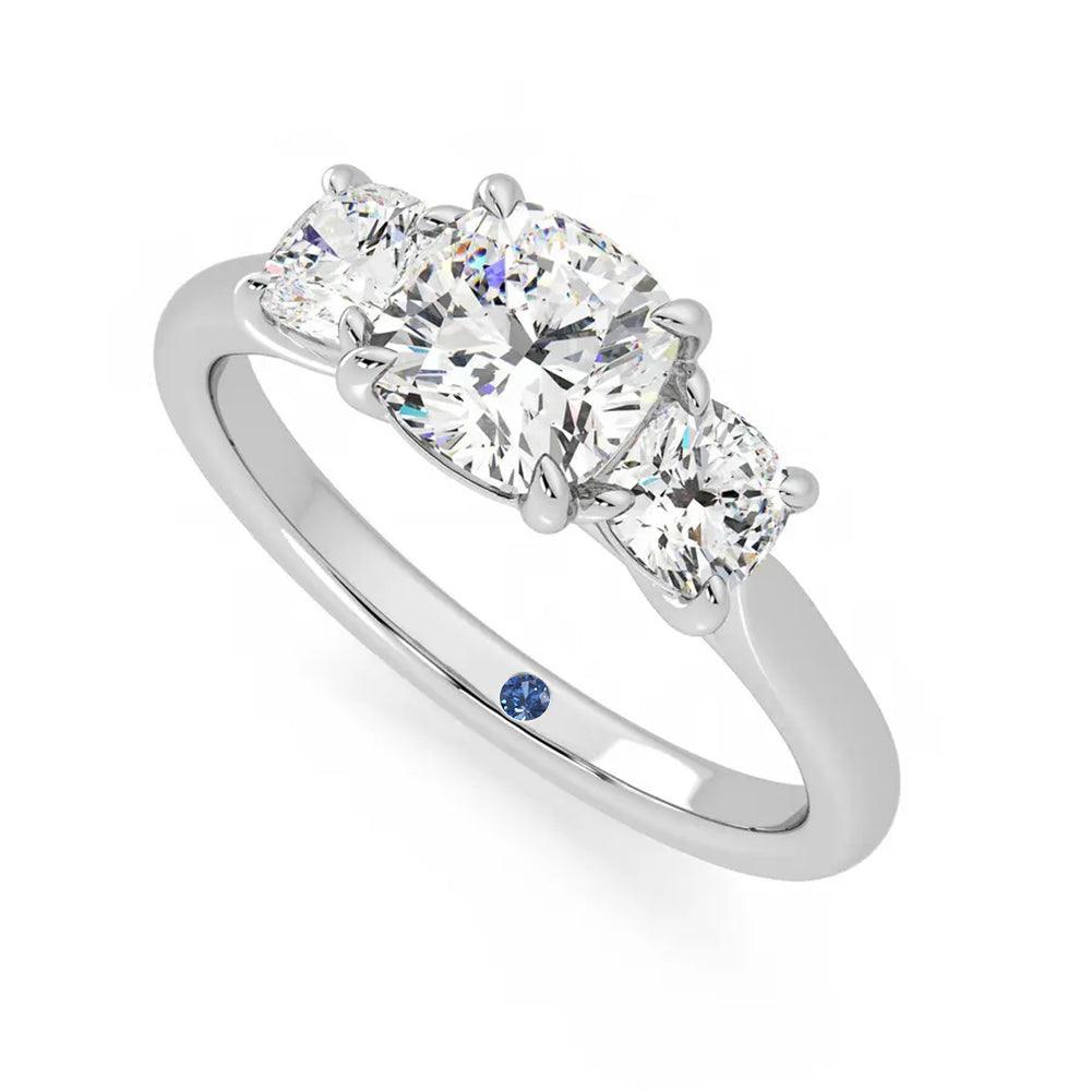 Four Prong Three Stone Cushion Cut Moissanite Engagement Ring with Hidden Anniversary Stone Accent - MSBLUE Jewelry