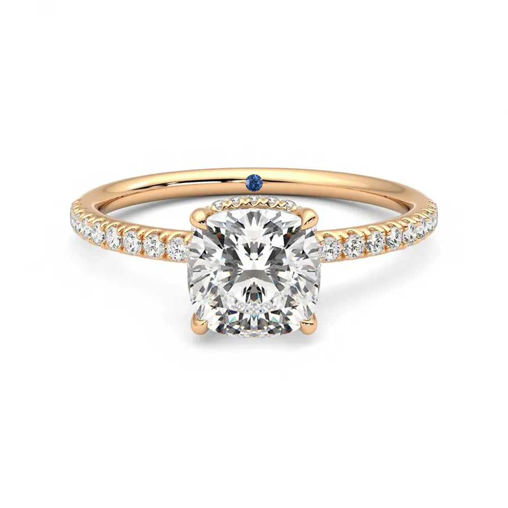 Cushion Cut Moissanite Engagement Ring with Hidden Halo and Anniversary Stone Accent