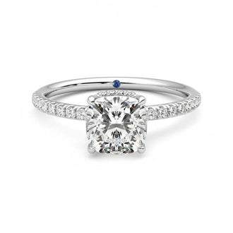 Cushion Cut Moissanite Engagement Ring with Hidden Halo and Anniversary Stone Accent - MSBLUE Jewelry