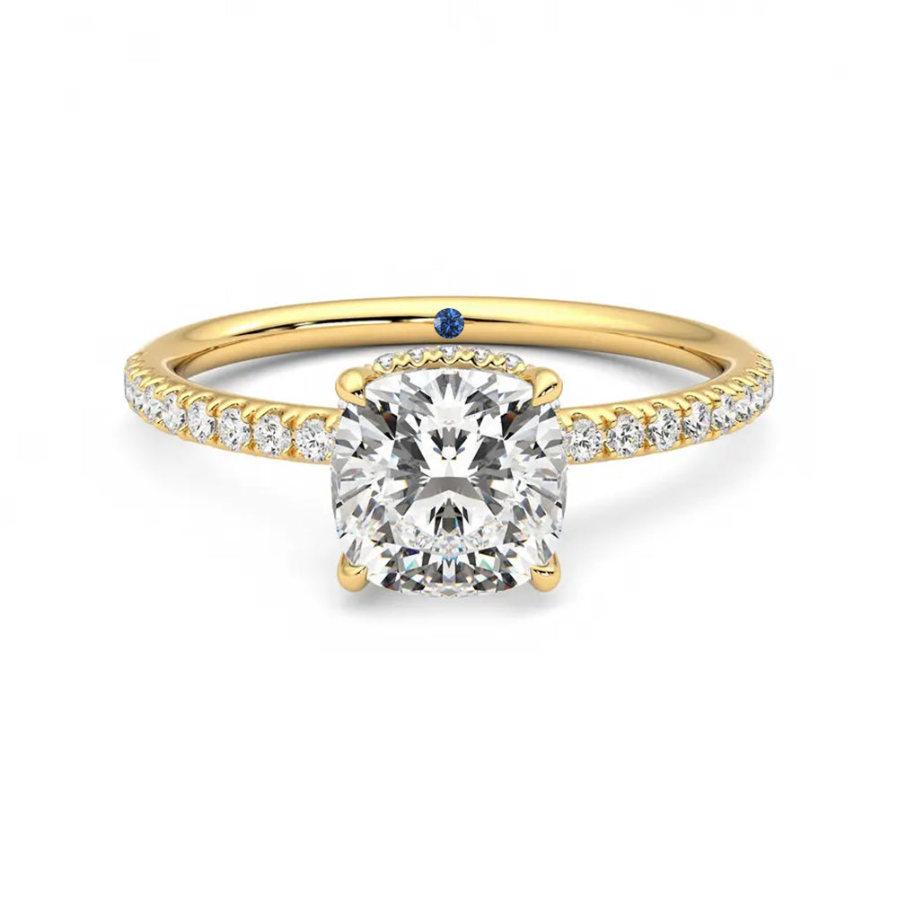 Cushion Cut Moissanite Engagement Ring with Hidden Halo and Anniversary Stone Accent