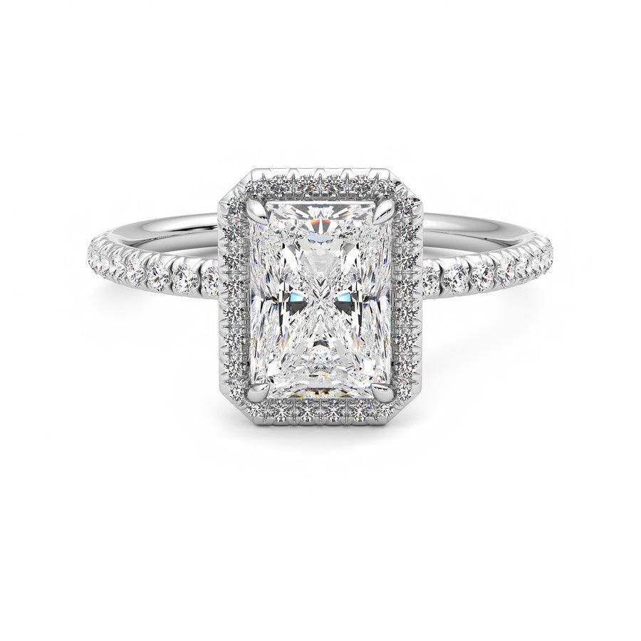 Classic Halo Radiant Cut Moissanite Engagement Ring with Hidden Anniversary Stone Accent - MSBLUE Jewelry