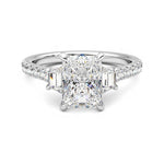 Three Stone Radiant Cut & Half Moon Moissanite Engagement Ring with Hidden Anniversary Stone Accent - MSBLUE Jewelry