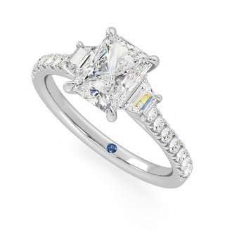 Three Stone Radiant Cut & Half Moon Moissanite Engagement Ring with Hidden Anniversary Stone Accent - MSBLUE Jewelry