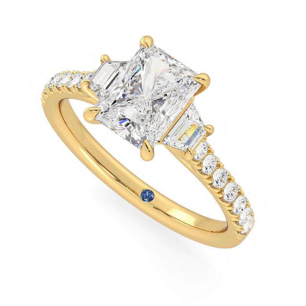 Three Stone Radiant Cut & Half Moon Moissanite Engagement Ring with Hidden Anniversary Stone Accent - MSBLUE Jewelry