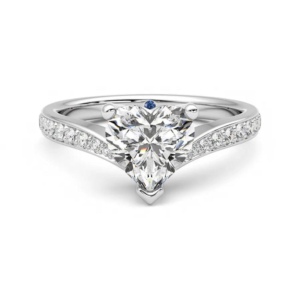 Love Style Heart Shaped Moissanite Engagement Ring with Hidden Anniversary Stone Accent - MSBLUE Jewelry