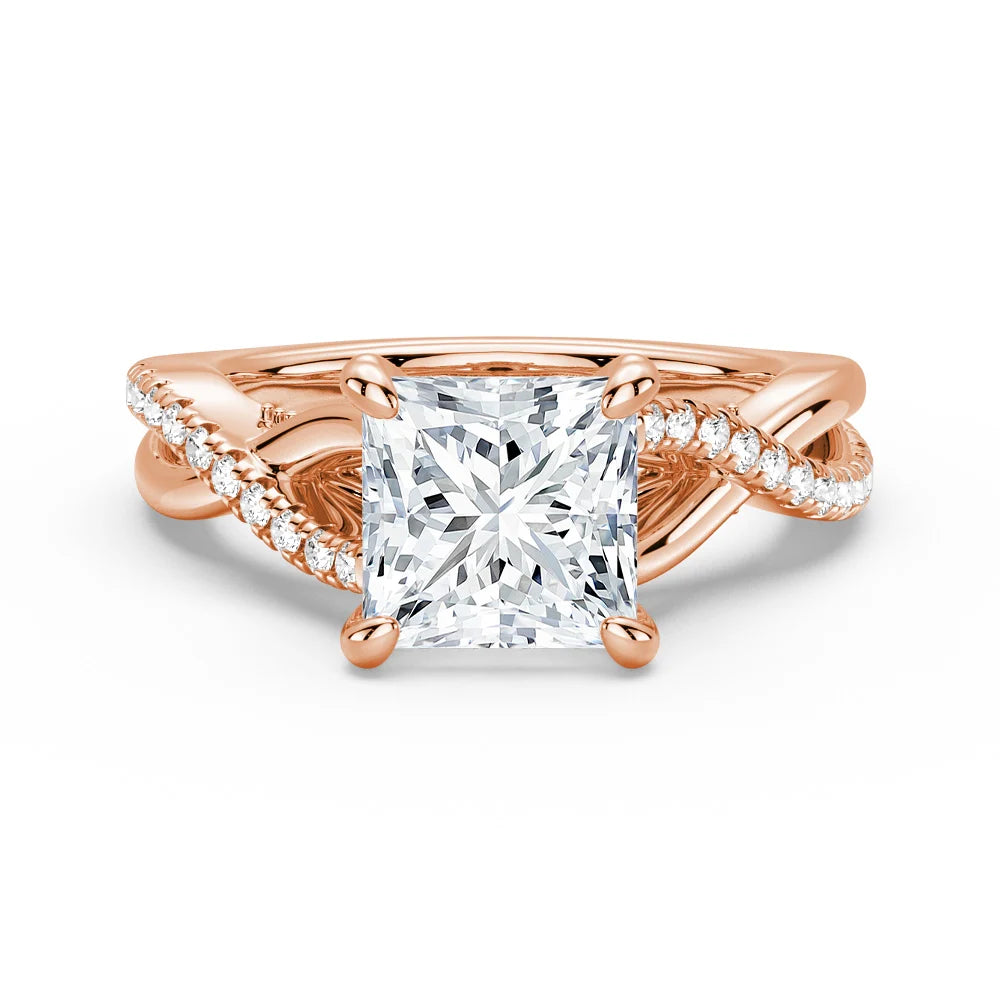 Princess Cut Moissanite Twisted Band Engagement Ring with Hidden Accents