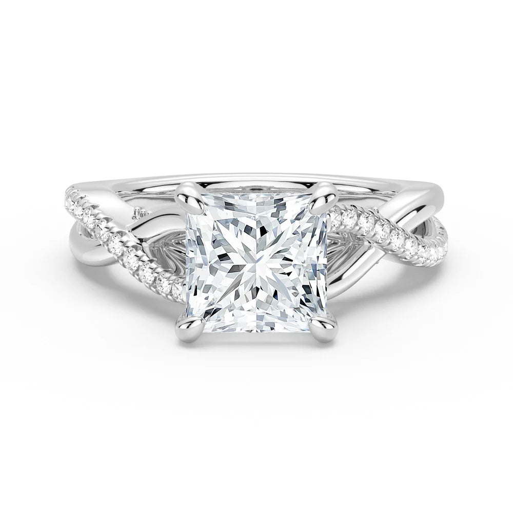 Princess Cut Moissanite Twisted Band Engagement Ring with Hidden Accents