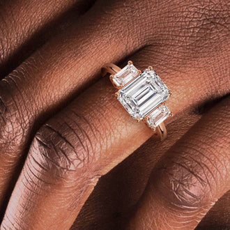 Hidden Halo Emerald Cut Three Stone Moissanite Engagement Ring - MSBLUE JEWELRY