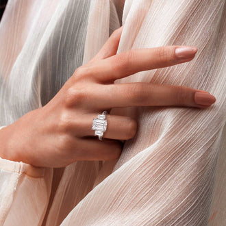 Hidden Halo Emerald Cut Three Stone Moissanite Engagement Ring - MSBLUE JEWELRY