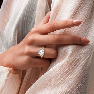 Hidden Halo Emerald Cut Three Stone Moissanite Engagement Ring - MSBLUE JEWELRY