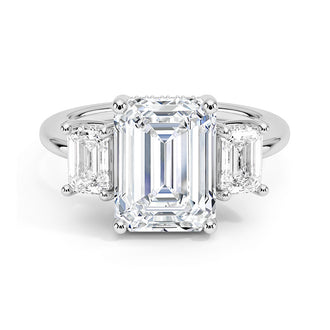 Hidden Halo Emerald Cut Three Stone Moissanite Engagement Ring