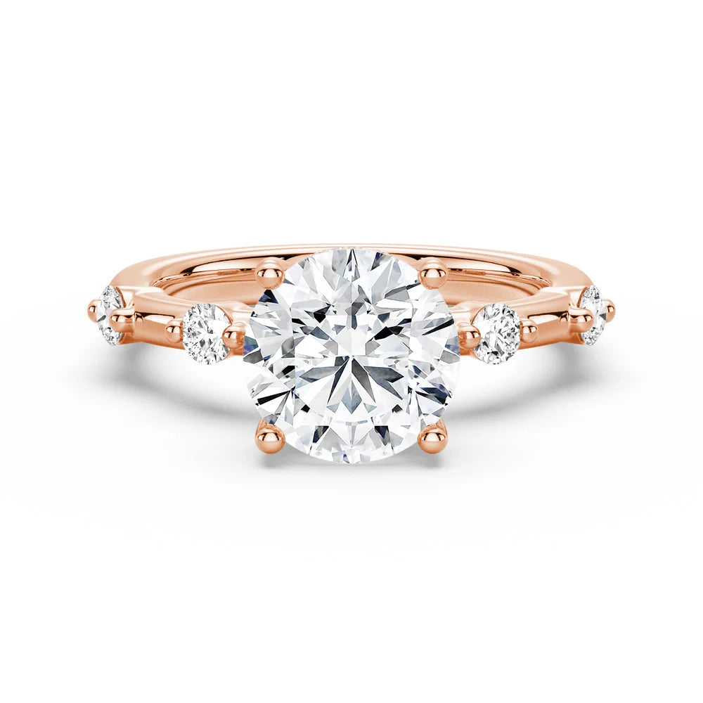 Round Cut Moissanite Ring with Diamond Spaced Band and Hidden Halo