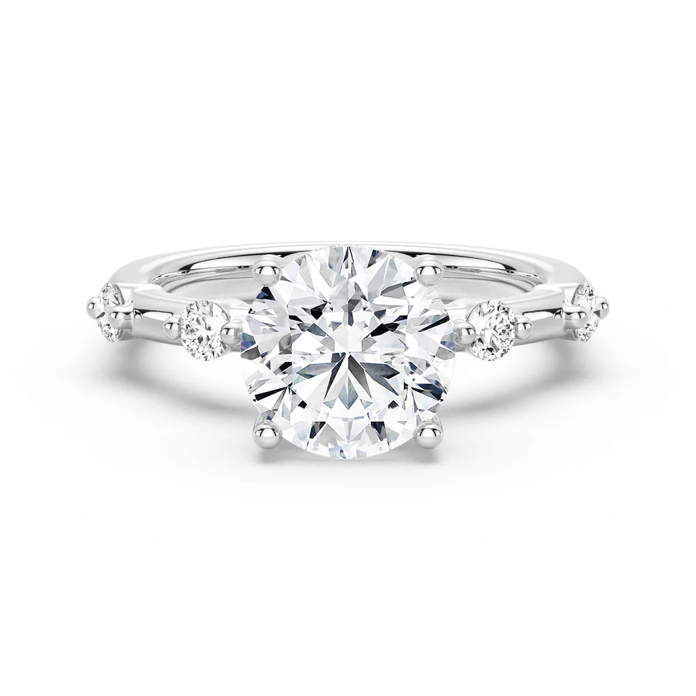 Round Cut Moissanite Ring with Diamond Spaced Band and Hidden Halo