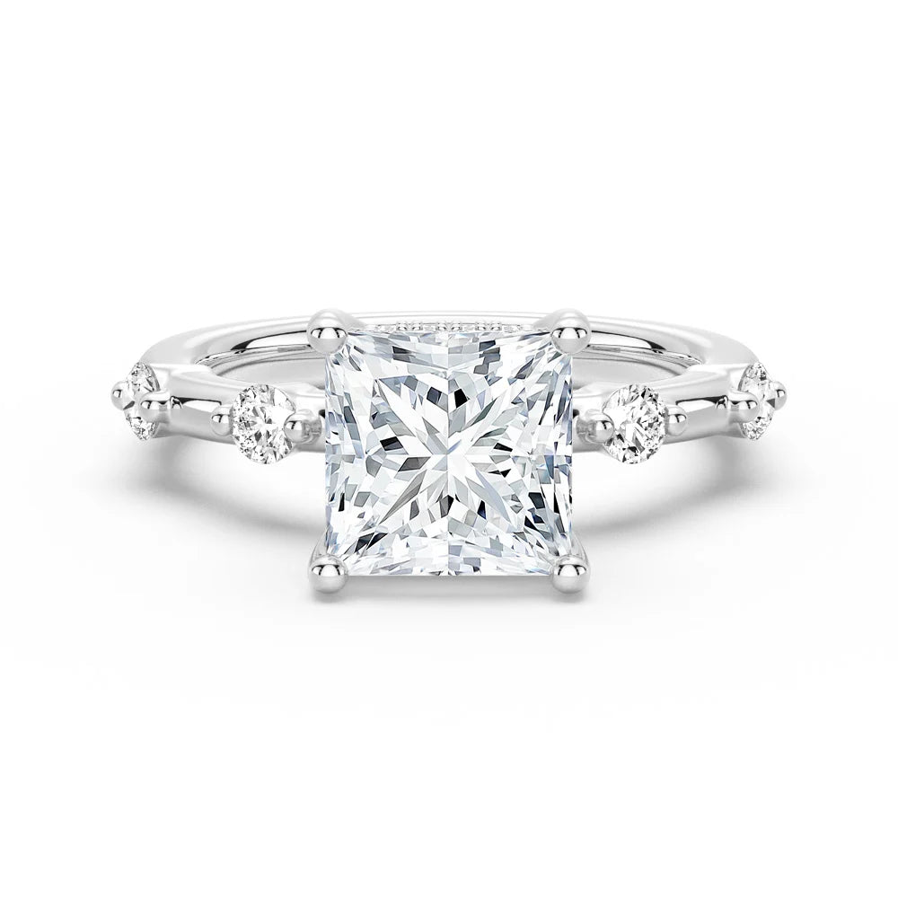 Princess Cut Moissanite Ring with Diamond Spaced Band and Hidden Halo