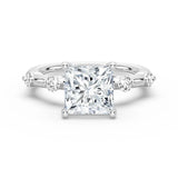 Princess Cut Moissanite Ring with Diamond Spaced Band and Hidden Halo