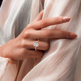 Oval Cut Moissanite Ring with Diamond Spaced Band and Hidden Halo - MSBLUE JEWELRY