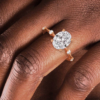 Oval Cut Moissanite Ring with Diamond Spaced Band and Hidden Halo - MSBLUE JEWELRY