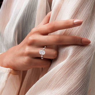 Oval Cut Moissanite Ring with Diamond Spaced Band and Hidden Halo - MSBLUE JEWELRY