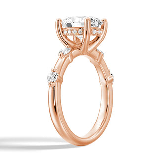 Oval Cut Moissanite Ring with Diamond Spaced Band and Hidden Halo