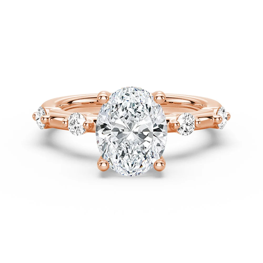 Oval Cut Moissanite Ring with Diamond Spaced Band and Hidden Halo