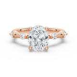 Oval Cut Moissanite Ring with Diamond Spaced Band and Hidden Halo