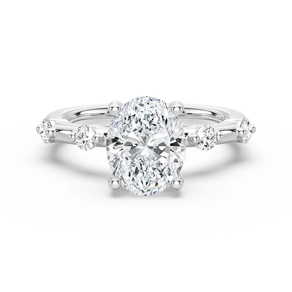 Oval Cut Moissanite Ring with Diamond Spaced Band and Hidden Halo