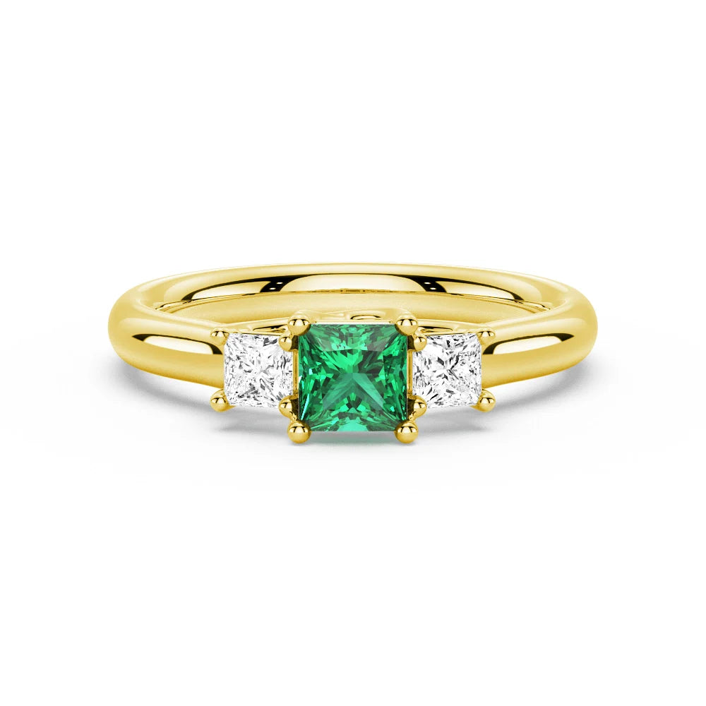 Lab Grown Emerald and Princess Cut Diamond Three Stone Ring