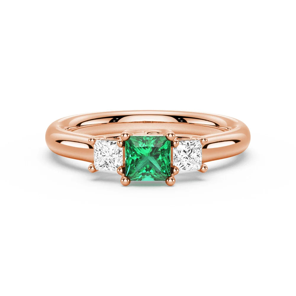 Lab Grown Emerald and Princess Cut Diamond Three Stone Ring