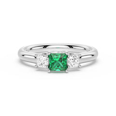 Lab Grown Emerald and Princess Cut Diamond Three Stone Ring