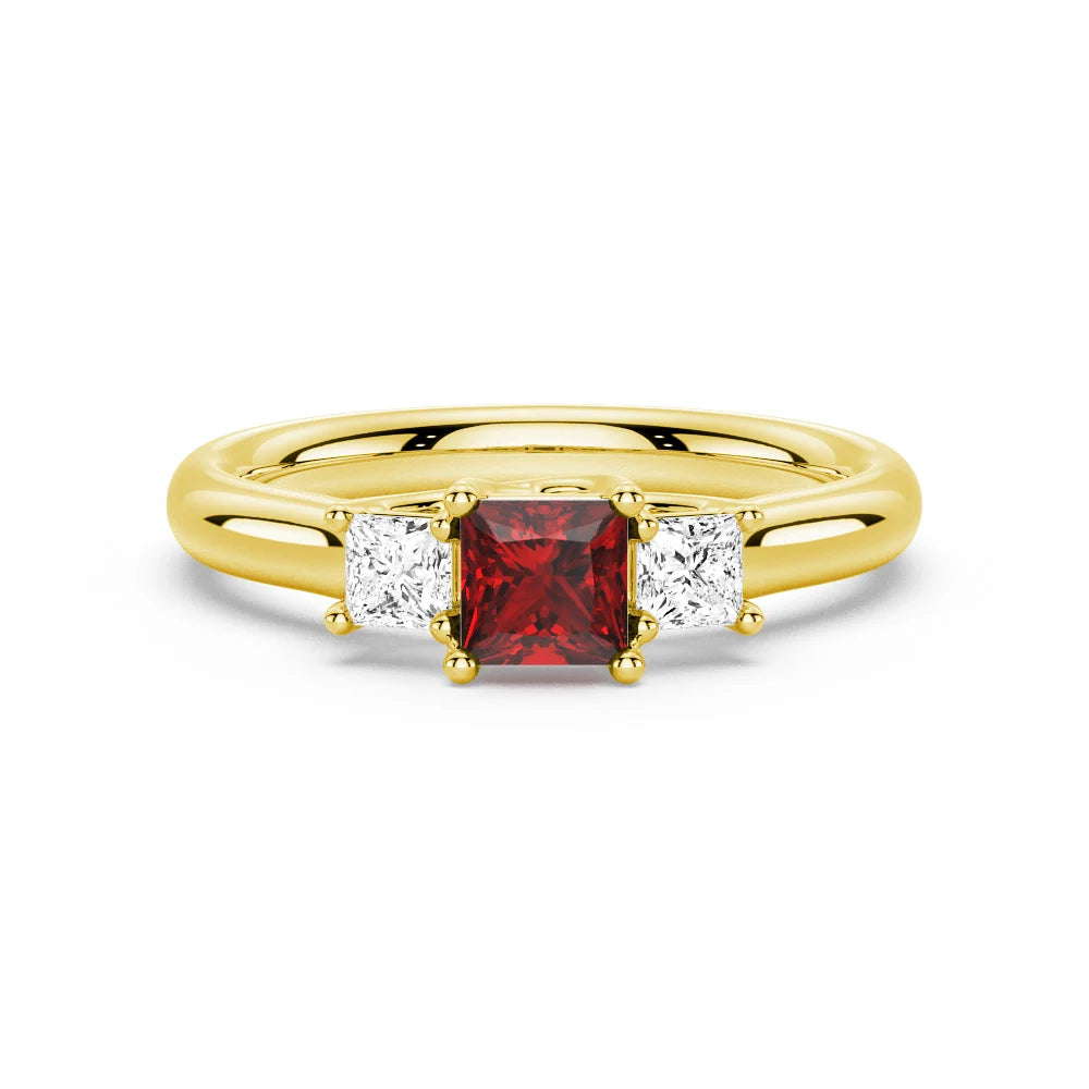 Lab Grown Ruby and Princess Cut Diamond Three Stone Ring