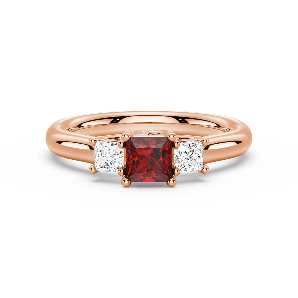 Lab Grown Ruby and Princess Cut Diamond Three Stone Ring