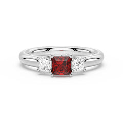 Lab Grown Ruby and Princess Cut Diamond Three Stone Ring