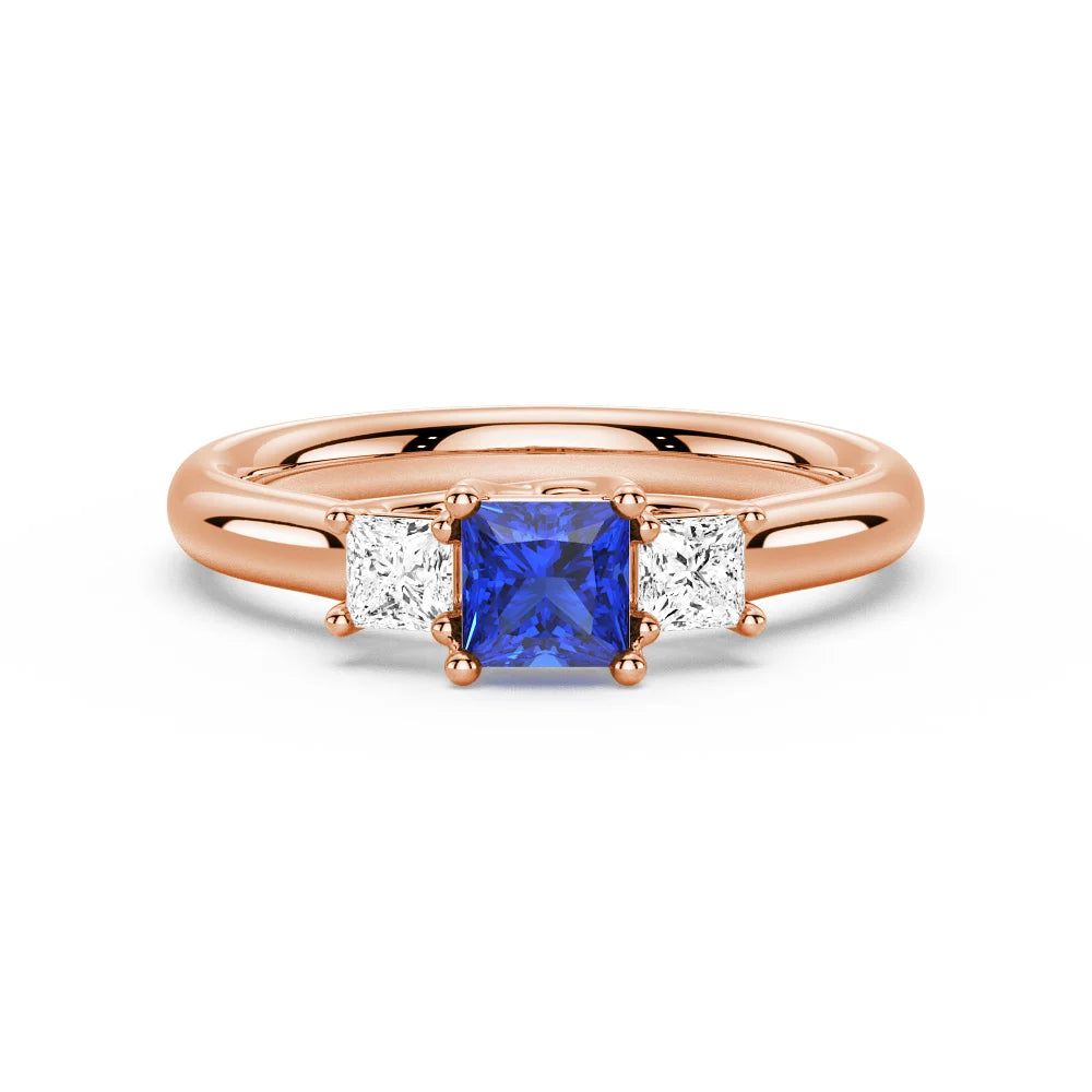 Lab Grown Sapphire and Princess Cut Diamond Three Stone Ring