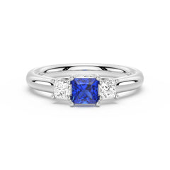 Lab Grown Sapphire and Princess Cut Diamond Three Stone Ring