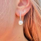 8mm Freshwater Cultured Pearl and Moissanite Pavé Bar Drop Earrings