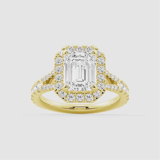 Emerald Cut Split Shank Moissanite Halo Engagement Ring