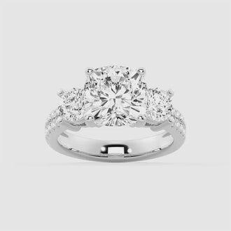 Double Row Pave Three Stone Cushion Cut Moissanite Engagement Ring