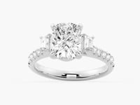 Three Stone Cushion & Half Moon Moissanite Engagement Ring with Pavé Band