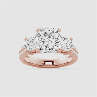 Double Row Pave Three Stone Cushion Cut Moissanite Engagement Ring
